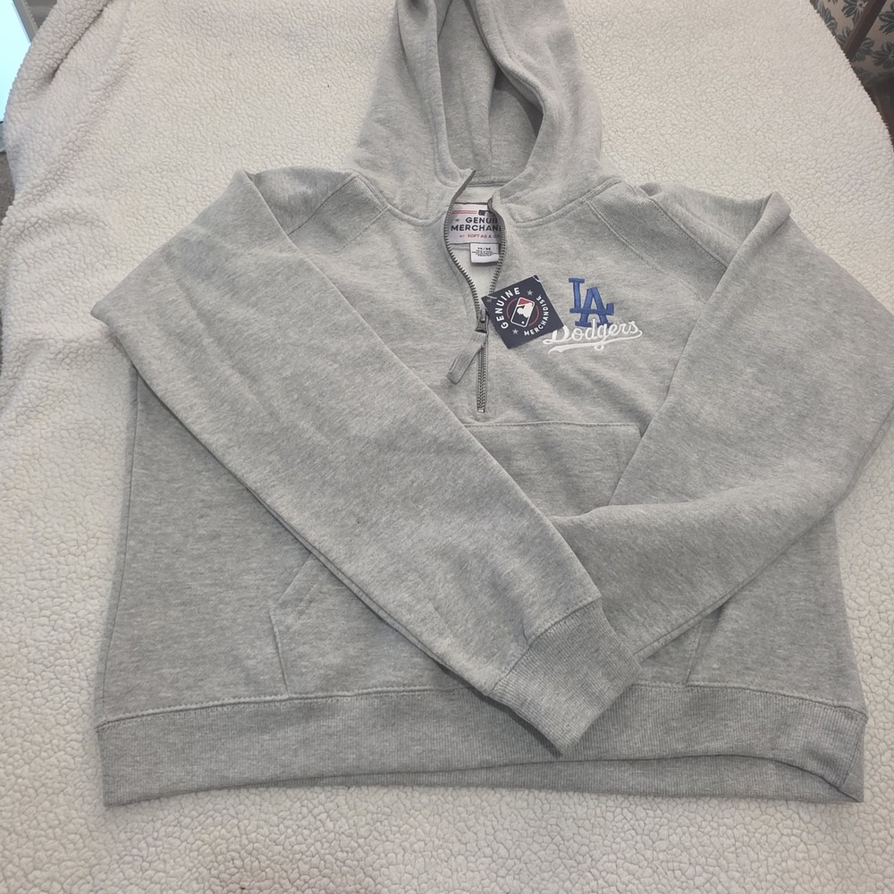 Soft As A Grape Los Angeles Dodgers Women Cropped Hoodie Gray M Quarter Zip